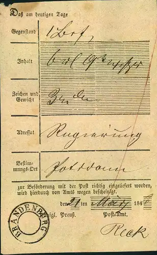 1846, BRANDENBURG seltener K2 o. Datum auf Postschein