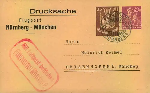 1923, Privatpostkarte Flugpost "Nürnberg - München" mit Bestätigunngsstempel