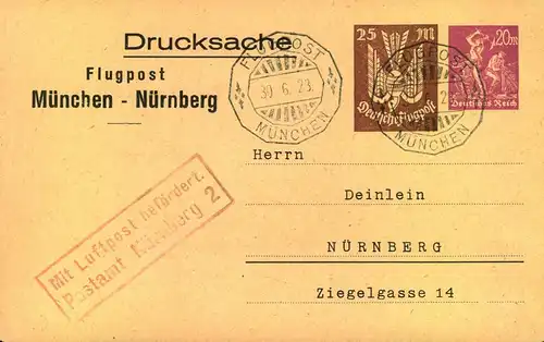 1923, Privatpostkarte Flugpost "München - Nürnberg" mit Bestätigunngsstempel