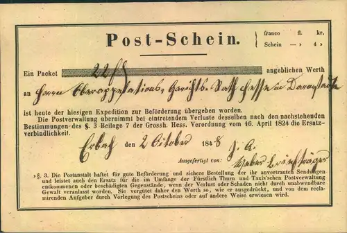 1848, Postschein von ERBACH