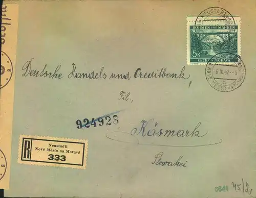 1942, 5 L. Einzelfrankatur auf R-Brief im Sondertarif (2+3 K.) ab NOVE MESTO NA MORAVE in die Slowakei
