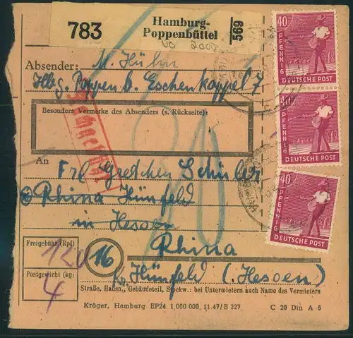 1948, Paketkartenstammteil ab "HAMBURG-POPPENBÜTTEL" mit MeF 3-mal 40 Pfg. Arbeiter