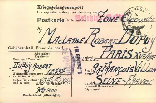 1943, POW card from STALAG XII A (Limburg) to Paris