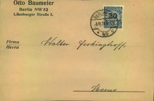 1923, 20 Mio Einzelfrankatur auf Umschlag von "BERLIN 50" als Druksache aus der kurzen Portoperiode 22