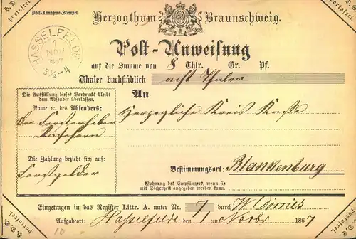 1867, Postschein mit blauem Stempel "HASSELFEDE nach Blankenburg