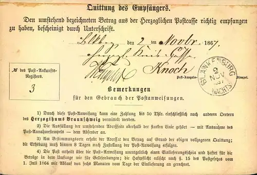 1867, Postschein mit blauem Stempel "HASSELFEDE nach Blankenburg