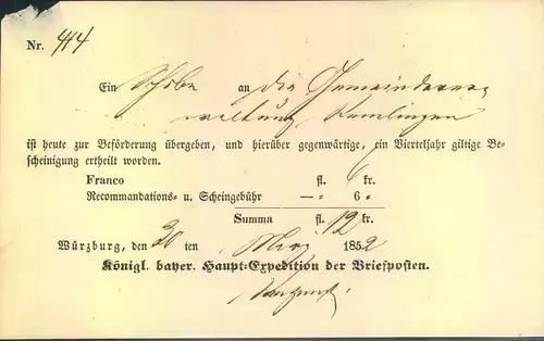 1852, Ortsdruck-Postschein von Würzburg