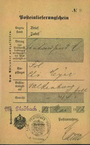 1917, "M, - Galdbach", L1 auf Postschein