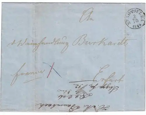 1855, STADTSULZA, Fingerhutstempel auf Taxbrief. Seltener Bahnpost Ra3 "HALLE-EISENACH" auf der Rückseite