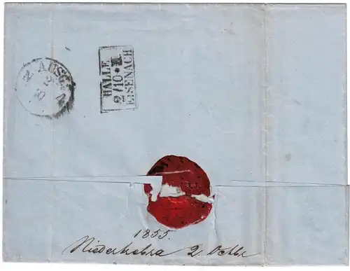 1855, STADTSULZA, Fingerhutstempel auf Taxbrief. Seltener Bahnpost Ra3 "HALLE-EISENACH" auf der Rückseite