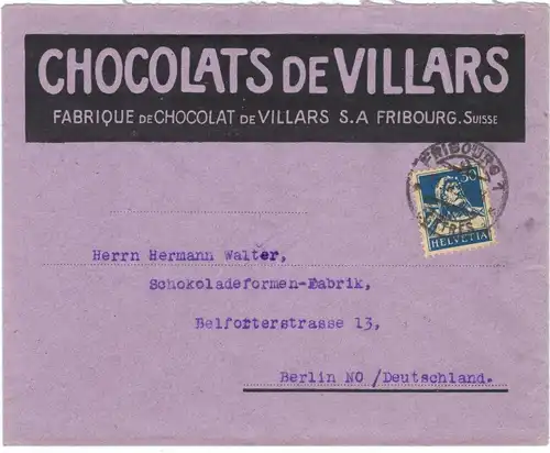 1927, Firmen-Werbebrief "CHOCOLATS DE VILLARS" aus Fribourg nach Berlin