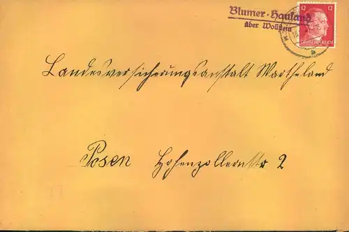 1941, "Blumer-Hauland über Wollstein" (Wartheland, RPD Posen), seltener Posthilfsstellenstempel auf Fernbrief nach Posen