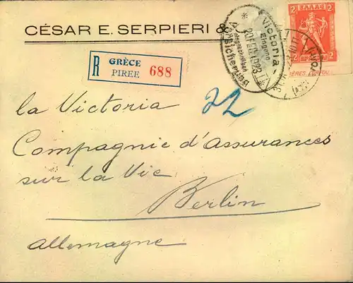 1923: Einschreiben ab PIRÄUS mit 2 Drachmen Hermes durchstochen aus der rechten unteren Bogenecke nach Berlin.