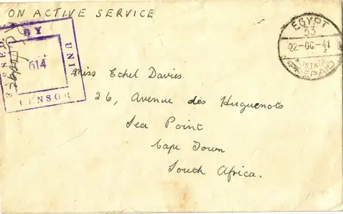 1941: Field Post from EGYPT to Cape Town South Africa "PASSED BY UNIT CENSOR"