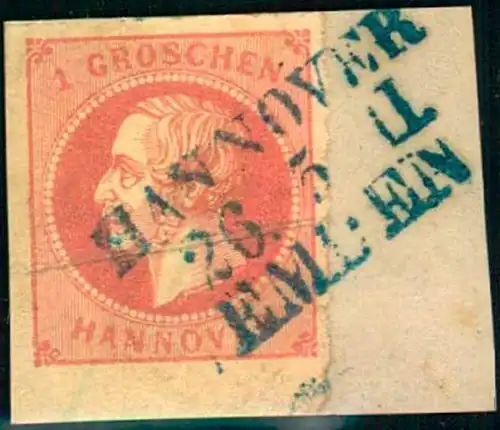 1859, 1 Gr. Georg V geschnittenes Kabinettstück von Unterrand, Briefstück m. Bahnpost L3 "HANNOVER -EMDEN"