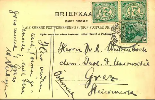 1910: Postkarte mit MiF Niederlande 2 1/2 C. Ziffer im Paar und 5 Pfg. Germania entwertet VENLO-MÖNCHENGLADBACH BAHNPOST
