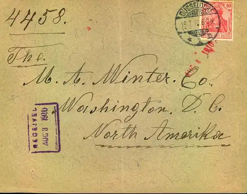 1910, 10 Pfg. Germania auf Brief zum Sondertarif "Amerika direkt" ab DÜSSELDORF nach Washington