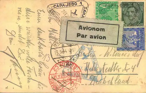 1934, INCOMING AIRMAIL, Karte mit Flugpoststempel von SARAJEWO nach Berlin.