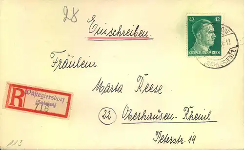 1944, HITLER-FRANKATUR, 42 Pfg. EF, Einschreiben m. Not-R-Zettel "Wüstegiersdorf (Schlesien)