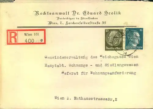 1943, HITLER-FRANKATUR,"OSTMARK": Orts-Einschreiben 2. Gewicht ab WIEN 101