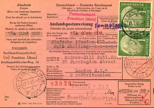 1955: Auslandspostanweisung mit waagerechtem Paar 1 DM Heuss ab FRANKFURT (MAIN) P SCH A 27.7.55. Sehr seltene Verwendun
