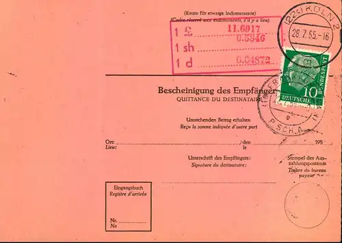 1955: Auslandspostanweisung mit waagerechtem Paar 1 DM Heuss ab FRANKFURT (MAIN) P SCH A 27.7.55. Sehr seltene Verwendun