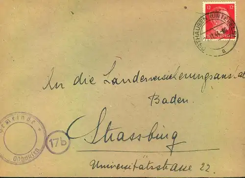 1944, SPÄTE POST in ELSASS, Brief aus OSTHAUSEN 22.11.44 nach Strassburg (Befreiung am 23.11.44)