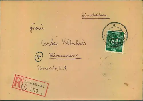 1949, 94 Pfg. Masch.-Aufdruck dunkelopalgrün als EF auf R-Brief ab BERLIN - KÖPENICK