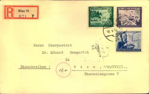 1944, 3 Werte Postkameradschaft III, 16 Pfg. mit Plattenfehler II auf Doppel-Orts-R-Brief in WIEN.