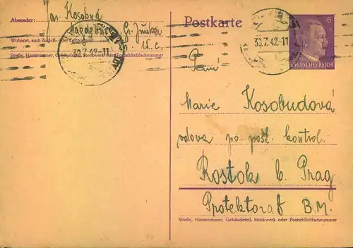 1942, Ganzsachenkarte eines Zwangsarbeiters im "KUNKERS"-Werk in MAGDEBURG