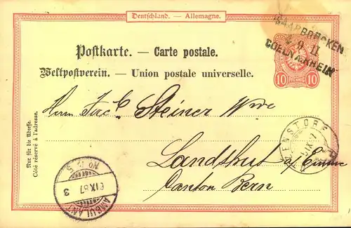 1887, 10 Pfg. GSK mit Bahnpoststempel "SAARBRÜCKEN - CÖLN A. RHEIN