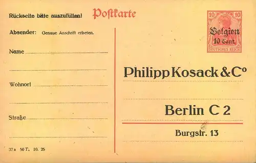 1916 (ca.), 15 Cent/10 Pfg. Ganzschenkarte mit privatem Zudruck, sauber ungebraucht