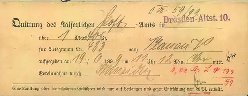 1899, Quittung für ein Telegramm, kaiserlisches Postamt "Dresden-Altstatd 10