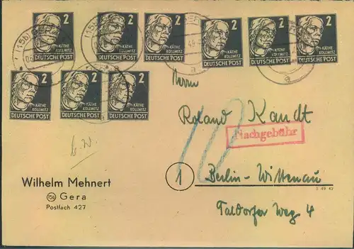1948, 12-mal 2 Pfg. Köpfe auf Postkriegsbeleg m. Nachporto ab GERA 6.8.49 nach West-Berlin