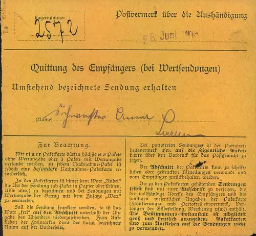 1918, Paketkarte mit 60 Pfg. Germania Kriegsdruck ab "FROHNAU (MARK) 21.6.18" - geprüft