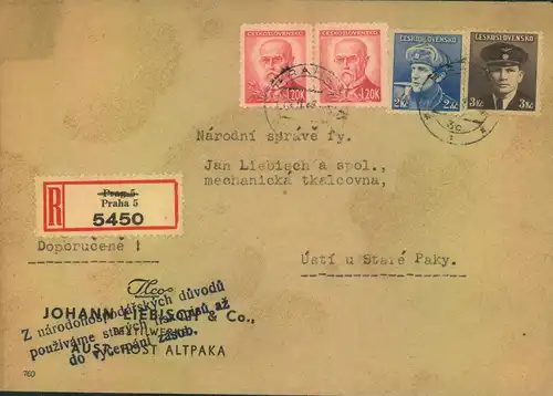 1946, registered letter with provisional "R" label from "PRAHA 5"