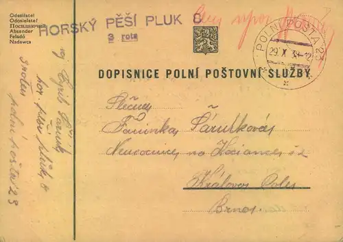 1938, SUDETENLAND, field post "POLNI POST 29.X.38" shortly after German invasion