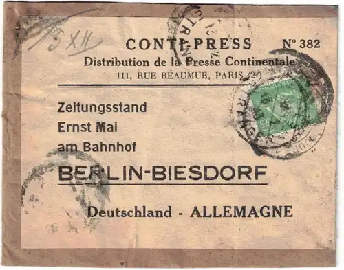 1943, seltener Vorbindezettel für Zeitungslieferung ab PARIS zum Bahnhof BERLIN-BIESDORF