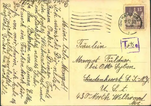 1950, 15 Pfg. Bauten, violettgraus, eg als EF auf nachtaxierter Postharte ab HAMBURG nach USA