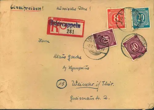 1946, Einschreiben 2. Gewichtsstufe mit Ziffernfrankatur und Not-R-Zettel "Osterkappeln"