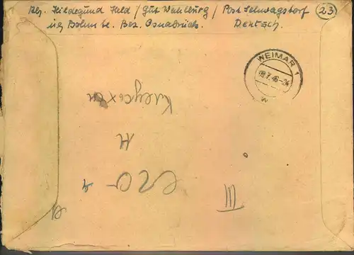 1946, Einschreiben 2. Gewichtsstufe mit Ziffernfrankatur und Not-R-Zettel "Osterkappeln"