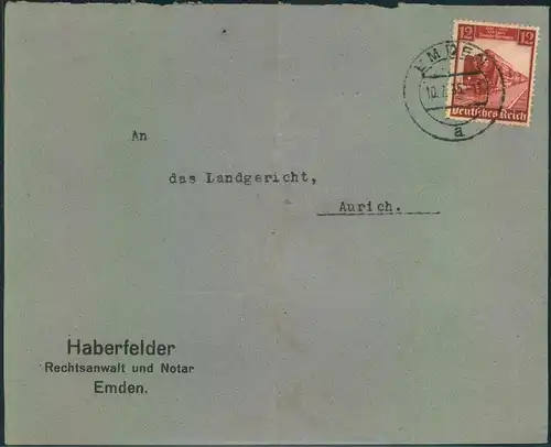 1935, Fernbrief mit 12 Pfg. Eisenbhan vom Ersttag gestempelt "EMDEN 10.7.35".