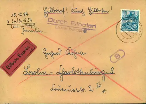 1954, 80 Pfg. FJP 1 als Einzelfranktur auf Eilbrief ab DRESDEN 13.12.54 nach Werst-Berlin