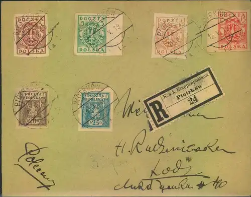 1919, R-Brief mit 5 Werten der Wappenausgabe geschnitten ab PIOTRKOW mit R-Zettel "KuK Etappenpostamt"