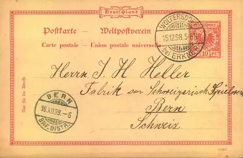 1898, " WOLTERSDORF bei ERKNER" Brücken-Giterstempel auf 10 Pfg. GSK nach Bern.