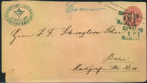 1865 (ca.), 1 Gr. GSU mit Bahnpost L3 BRESLAU-BERLIN und handschriftlicher Übernahme "Erkner"