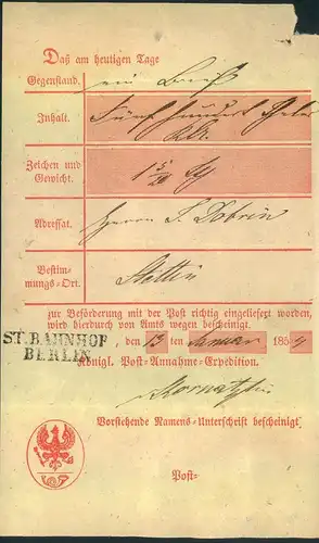 1854, "ST. BAHNHOF BERLIN," seltener L2 ohne Datum auf Postschein (KBHW 99 - 800 P.)