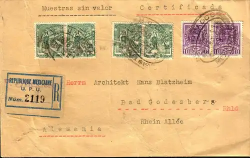 1936, sample without value registered with U.P.U. label to Bad Godesberg, Germany