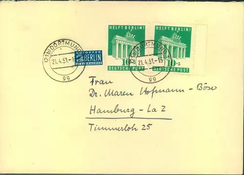 1951, Mehrfachfrankatur 10 Pfg. "Helft Berlin", Fernbrief ab DORTMUND