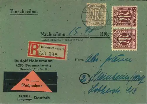 1946, AM-POST R-Nachnahme aus BRAUNSCHWEIG nach Steinheim. Seltene 124 Pfg.-Frankatur.